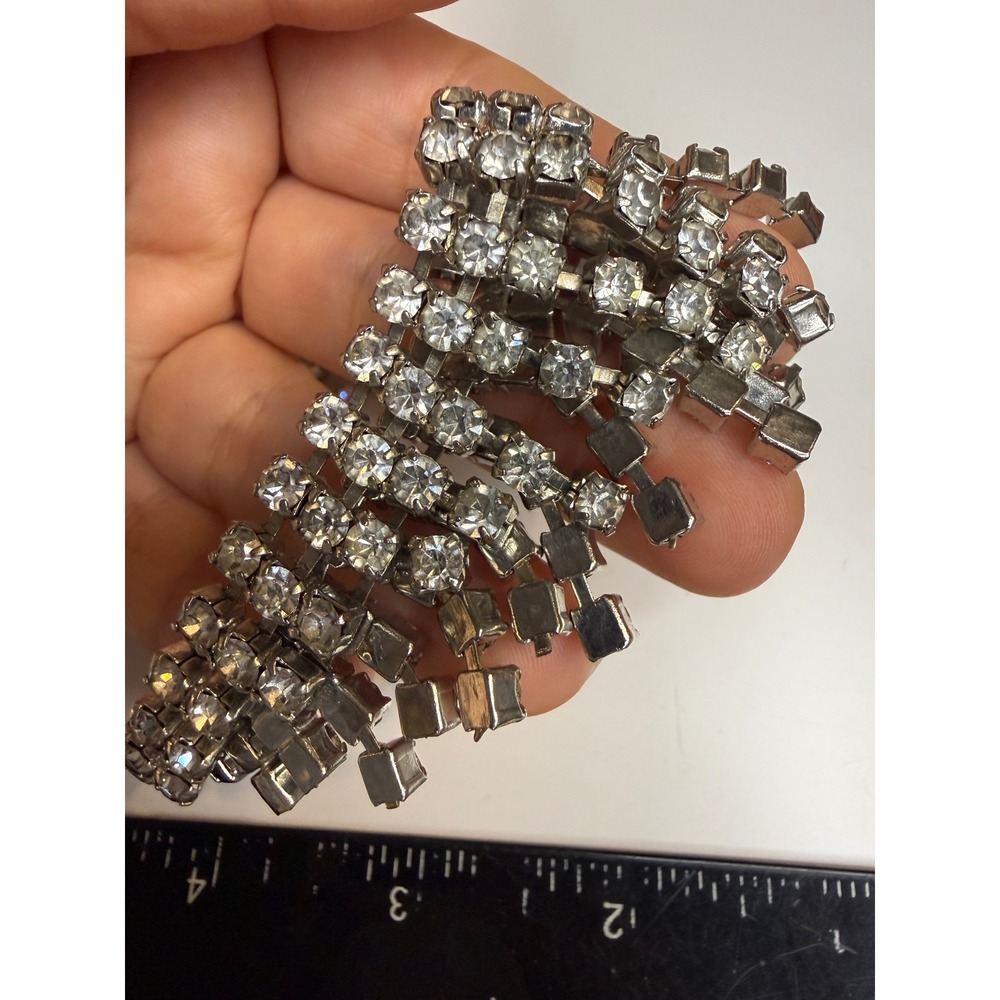 Vintage Clear Rhinestone Fringe Waterfall Statement Necklace Silver Tone 16 Inch